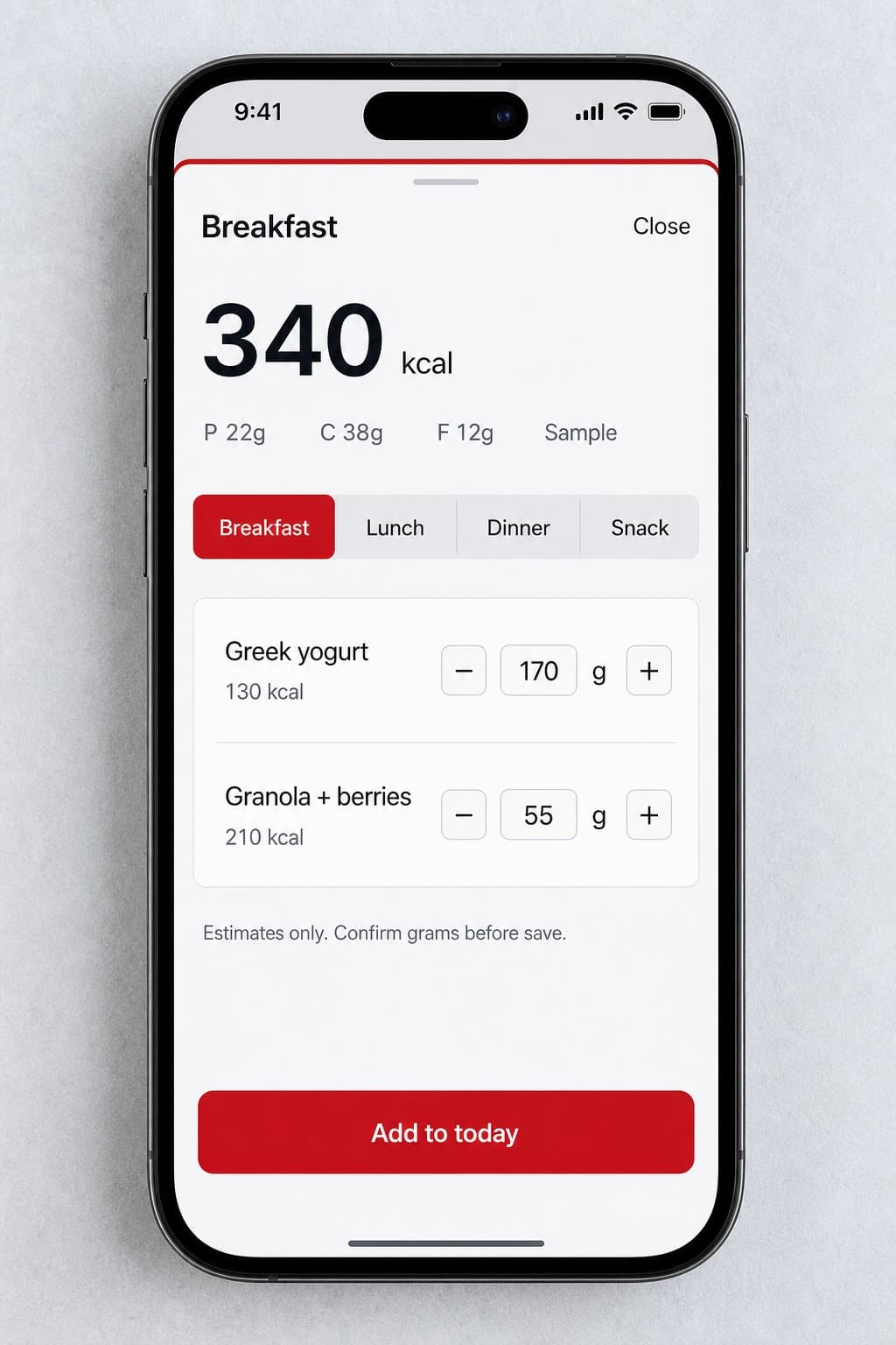 Confirm grams with a meal sheet before you log.