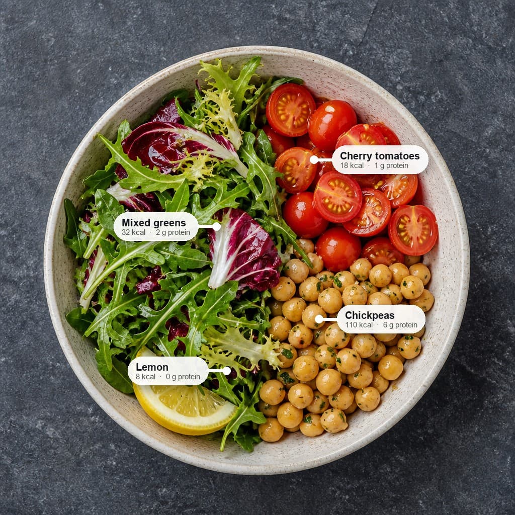 Overhead salad. Pins on mixed greens 32 kcal, cherry tomatoes 18 kcal, chickpeas 110 kcal, and lemon 8 kcal.