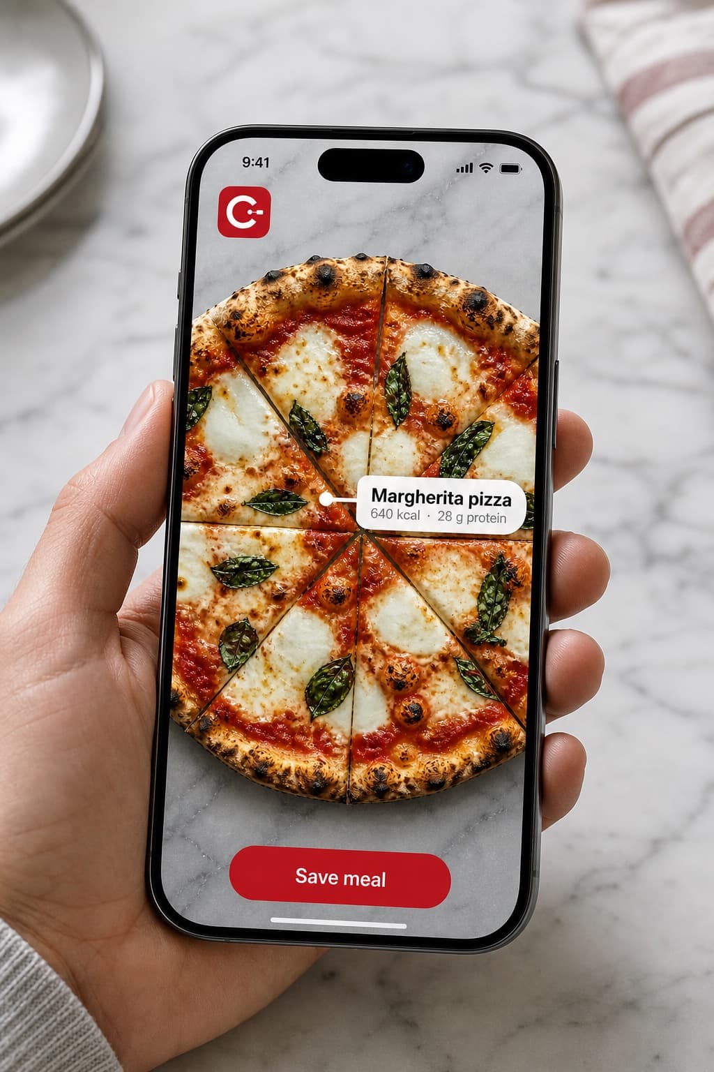 iPhone camera view with a meal inside, ready to scan.
